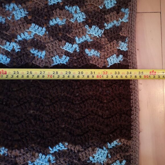 Handmade Crochet Afghan / Lap Blanket Dark Brown, Tan, & Teal 35"x 56" - Picture 2 of 4